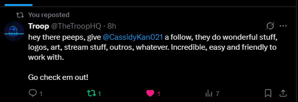 CassidyKan021's tweet photo. Huge thanks to @TheTroopHQ for the kind words😍Had such a great time working together!
#AnimatedArt #HonkaiStarRail #崩壊スターレイル #Gamescom #gamescom2024 #TwitchStreamer #streamerstwt #commissionopenDM #SmallStreamerConnect #twstプラス #Vtuber #ENVtuber #BlackMythWukong https://t.co/Gjoqi3Dtey