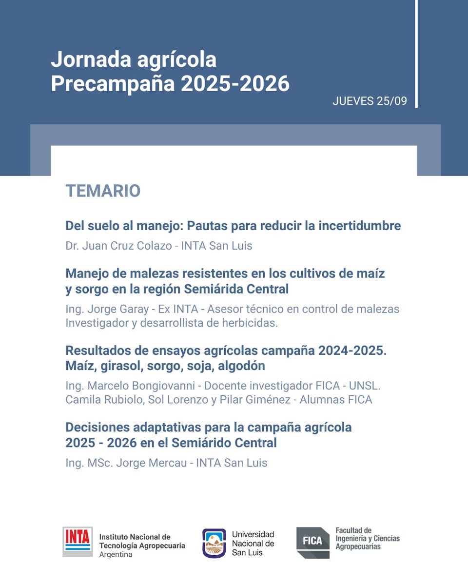 Este Jueves 25/9

Los esperamos en EEA <a href="/intaargentina/">INTA</a>
#SanLuis, cruce RN 7y 8, V. Mercedes,

para intercambiar sobre
Decisiones Agrícolas 2025/26
#SemiáridoCentral

Del Suelo al manejo <a href="/jccolazo/">Juan Cruz Colazo</a> 
Malezas resistentes J. Garay
Ensayos 24/25 <a href="/mgbongio/">Marcelo Bongiovanni</a> et al.
Decisiones Adaptativas