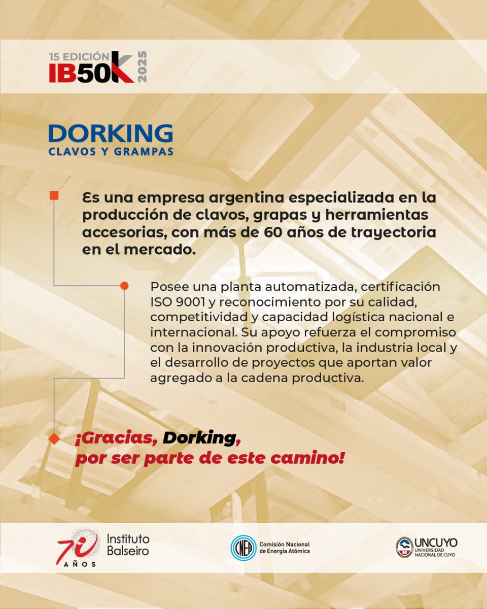 🌟 #ImpulsandoIB50K | Dorking, con más de 60 años en la producción de clavos, grapas y herramientas accesorias, se distingue por su calidad, competitividad y logística certificada ISO 9001. 
🧡 Su apoyo impulsa la innovación productiva y el fortalecimiento de la industria local.