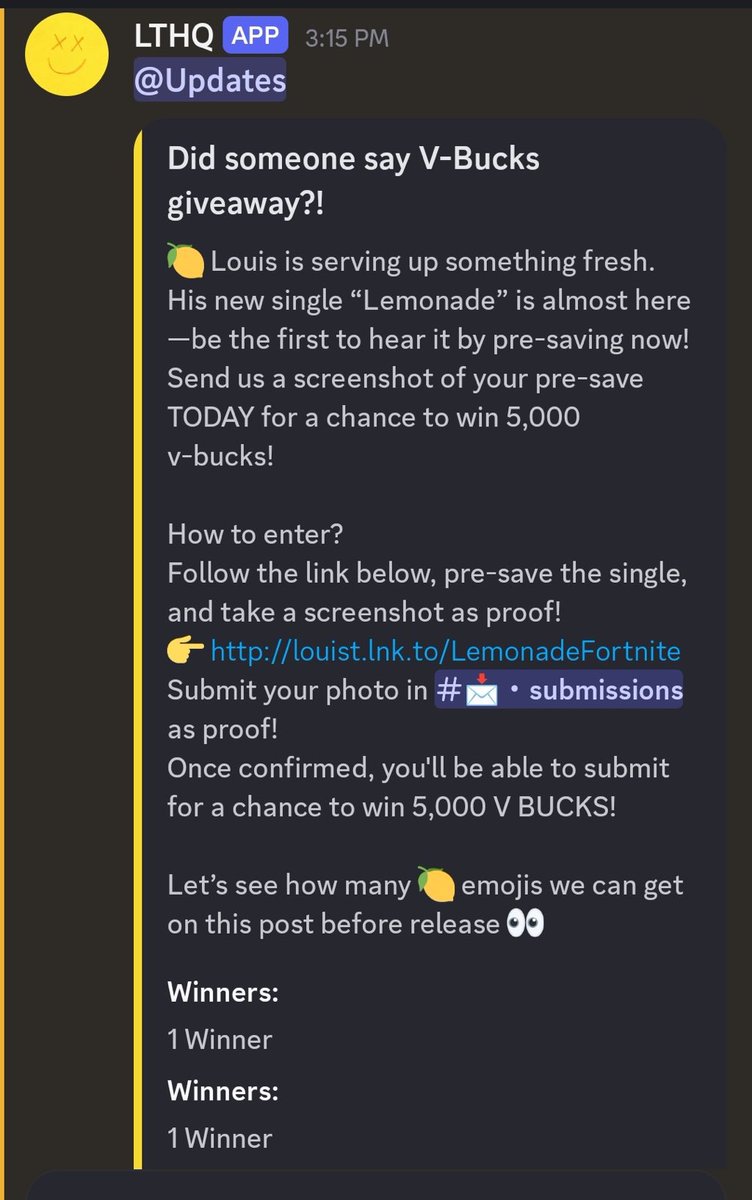 📲 | ¡LTHQ está haciendo una colaboración con Fortnite para el lanzamiento de Lemonade, el nuevo single de Louis Tomlinson!

“🍋 Louis está sirviendo algo fresco. […] Mándanos un screenshot de que has pre-guardado el single HOY para la oportunidad de ganar 5,000 v-bucks.”