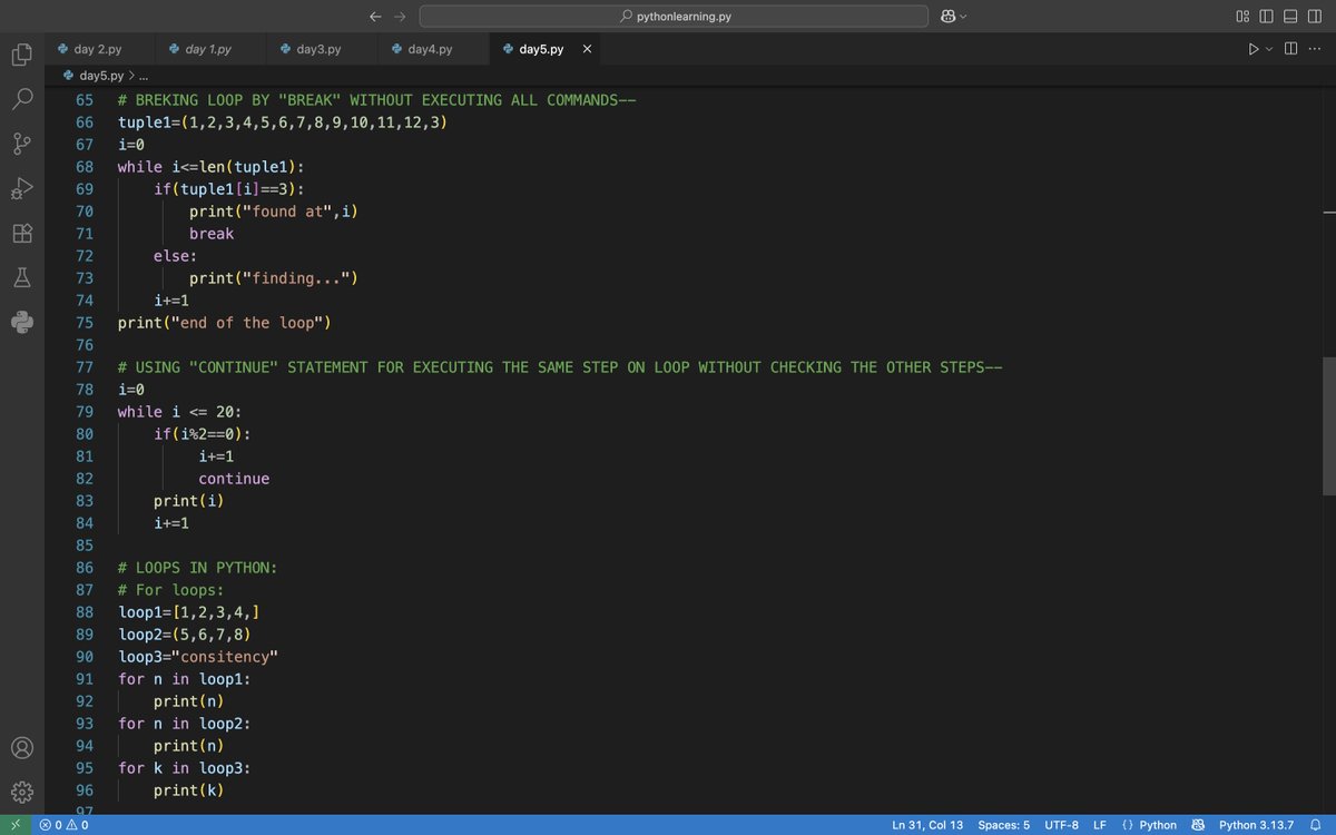 alien_xnip's tweet image. Day 05 Of #100DaysOfLearning
#python
-Loops in python
-Break and continue
-Range
-Pass statement
-Practice Questions...