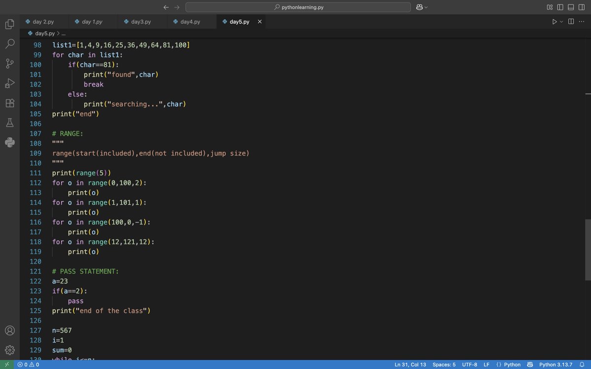 alien_xnip's tweet image. Day 05 Of #100DaysOfLearning
#python
-Loops in python
-Break and continue
-Range
-Pass statement
-Practice Questions...