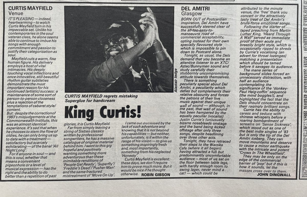 Curtis Mayfield, Del Amitri.
Live reviews by Robin Gibson, John Dingwall.
Pic by Alastair Indge.
Sounds music paper, 18 February 1984.