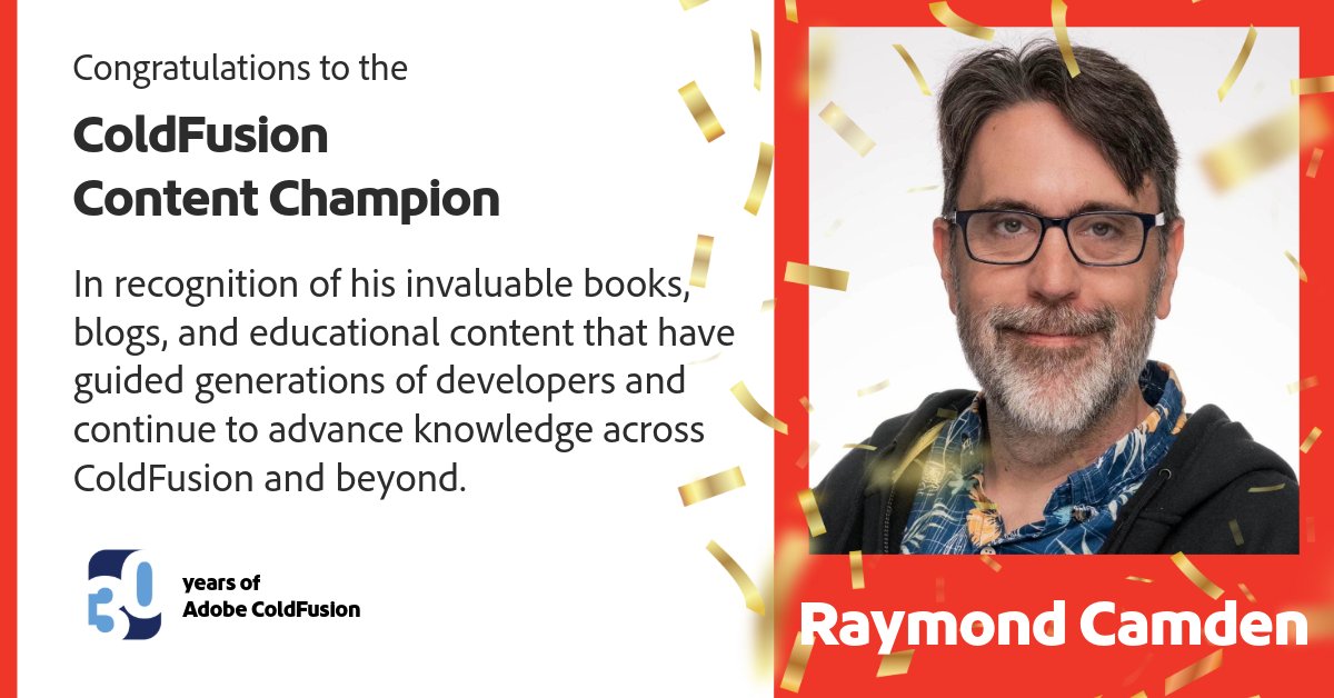coldfusion's tweet image. We&apos;re celebrating Raymond Camden as our ColdFusion Content Champion at #ColdFusionSummit2025. His books, blogs, and content have guided generations of developers and continue to inspire. Thank you, Raymond!

#ColdFusion #ContentCreator #KnowledgeSharing