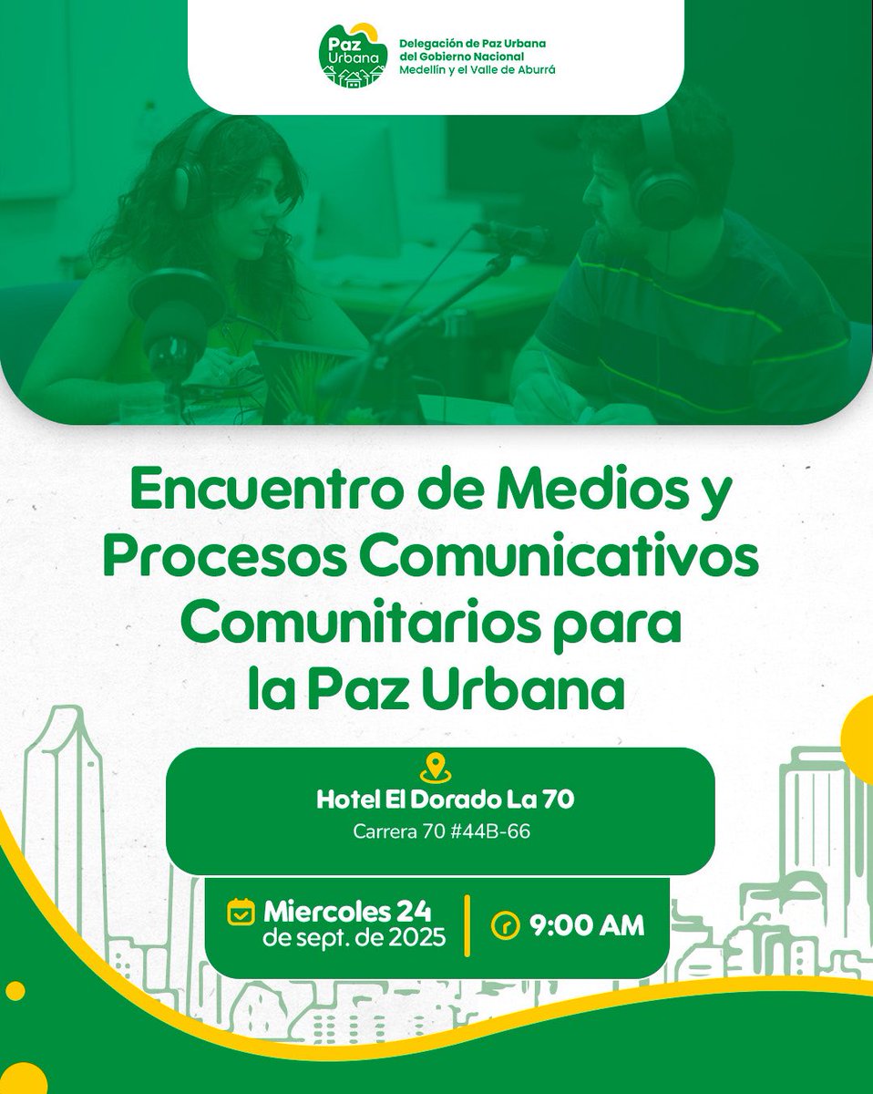 📢 Este miércoles 24, desde las 9:00 a.m., nos vemos en el Encuentro de Medios y Procesos Comunicativos Comunitarios en el Hotel El Dorado La 70 (Cra 70 #44B-66).

🗣️ Vamos a fortalecer la comunicación comunitaria para la paz urbana.

¡Te esperamos! ✨