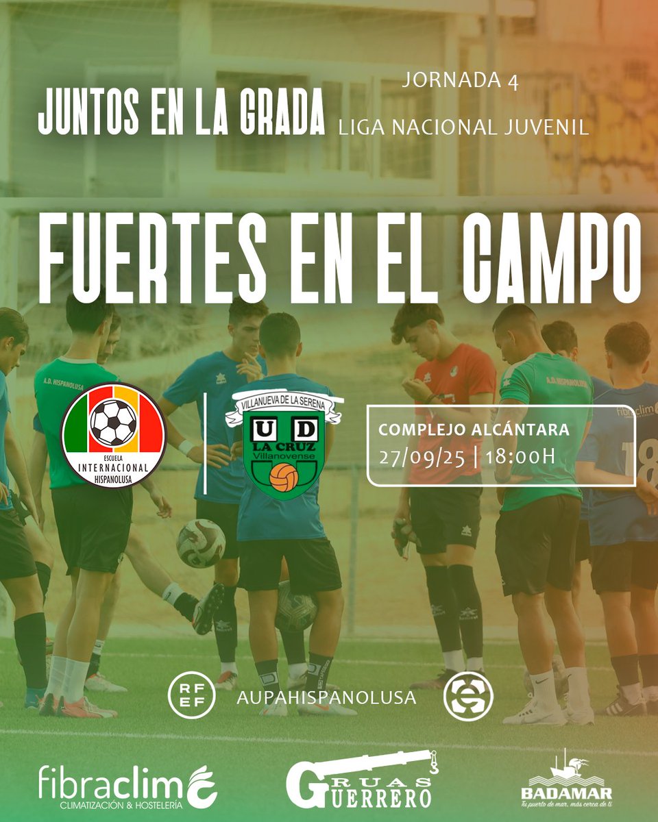 🏟 Juntos en la grada, fuertes en el campo 💥

Este viernes recibimos al <a href="/UDLaCruz/">UD La Cruz Villanovense</a> en el Complejo Alcántara.
Los chicos necesitan el aliento de su familia y amigos para luchar por los 3 puntos 🙌
🗓️ 27/09 · 18:00h
📍 Complejo Alcántara

#JuntosSomosHispanolusa #FamiliaHispanolusa