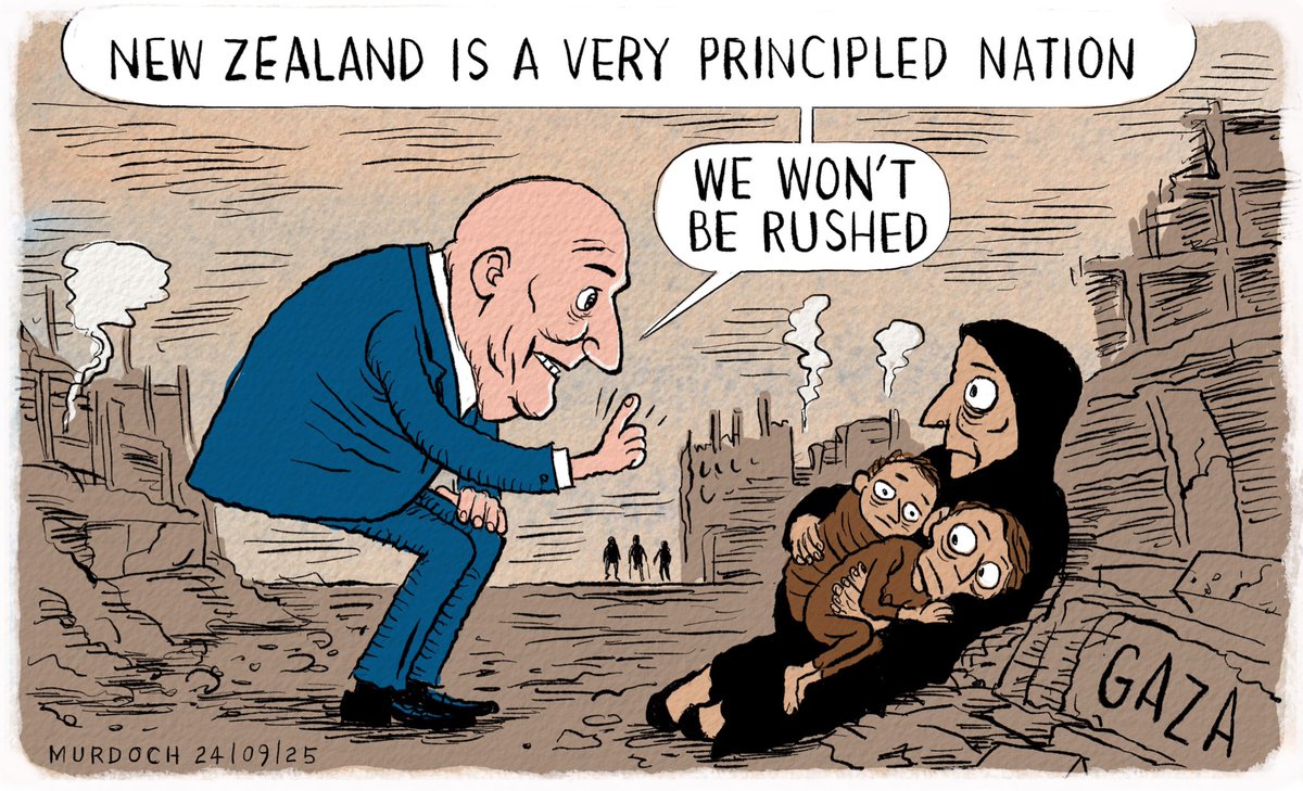 New Zealand prevaricates on whether to recognise Palestine as a state, or not.
My #cartoon today #NZpol #Palestine #Gaza