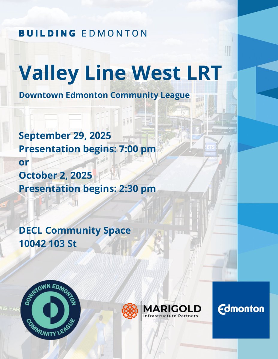 🚊 Valley Line West LRT update sessions at DECL!
📍 10042 103 St
📅 Mon, Sept 29 @ 7 PM
📅 Thu, Oct 2 @ 2:30 PM

Hear from the City + Marigold Infrastructure Partners about progress &amp; impacts. Q&amp;A included—everyone welcome!