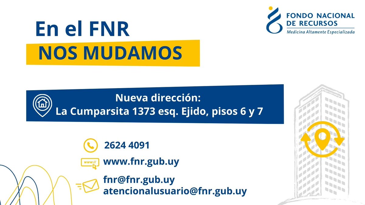 📬 ¡En el FNR nos mudamos!
Podes encontrarnos a través de:
🌐 fnr.gub.uy
📞2624 4091
📧 fnr@fnr.gub.uy | atencionalusuario@fnr.gub.uy
💬 Chat en nuestro sitio web