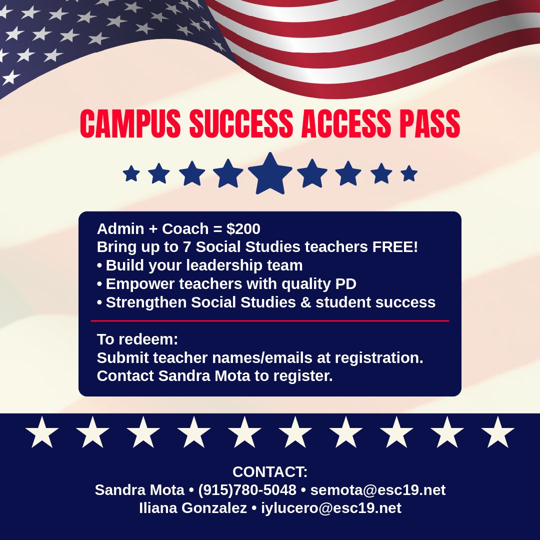 EARLY BIRD RATE ENDS NEXT WEEK! Join us for the Social Studies event of the year!

Join us for our 4th Annual West Texas Social Studies Congress! K-12 educators come and connect with other social studies peers and strengthen your social studies knowledge and skills!

Don't miss