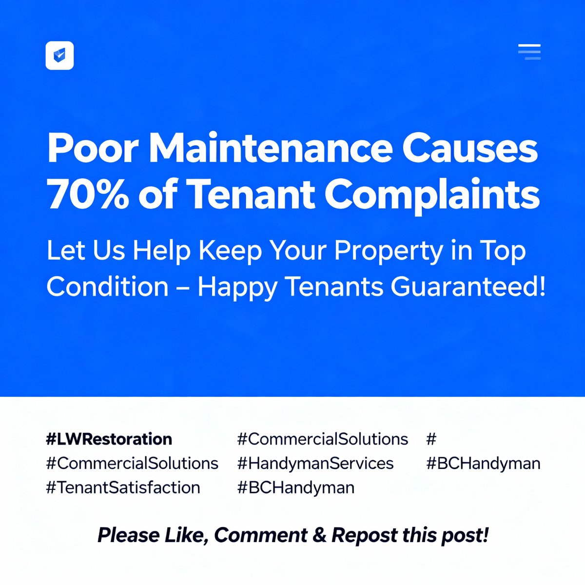 l_wrestoration's tweet image. Did you know poor maintenance is responsible for 70% of tenant complaints? Let us help you keep your property in top condition so your tenants stay happy. #LWRestoration #CommercialSolutions #HandymanServices #TenantSatisfaction #BCHandyman 𝗣𝗹𝗲𝗮𝘀𝗲 𝗟𝗶𝗸𝗲, 𝗖𝗼𝗺𝗺𝗲𝗻𝘁 &amp;amp;…