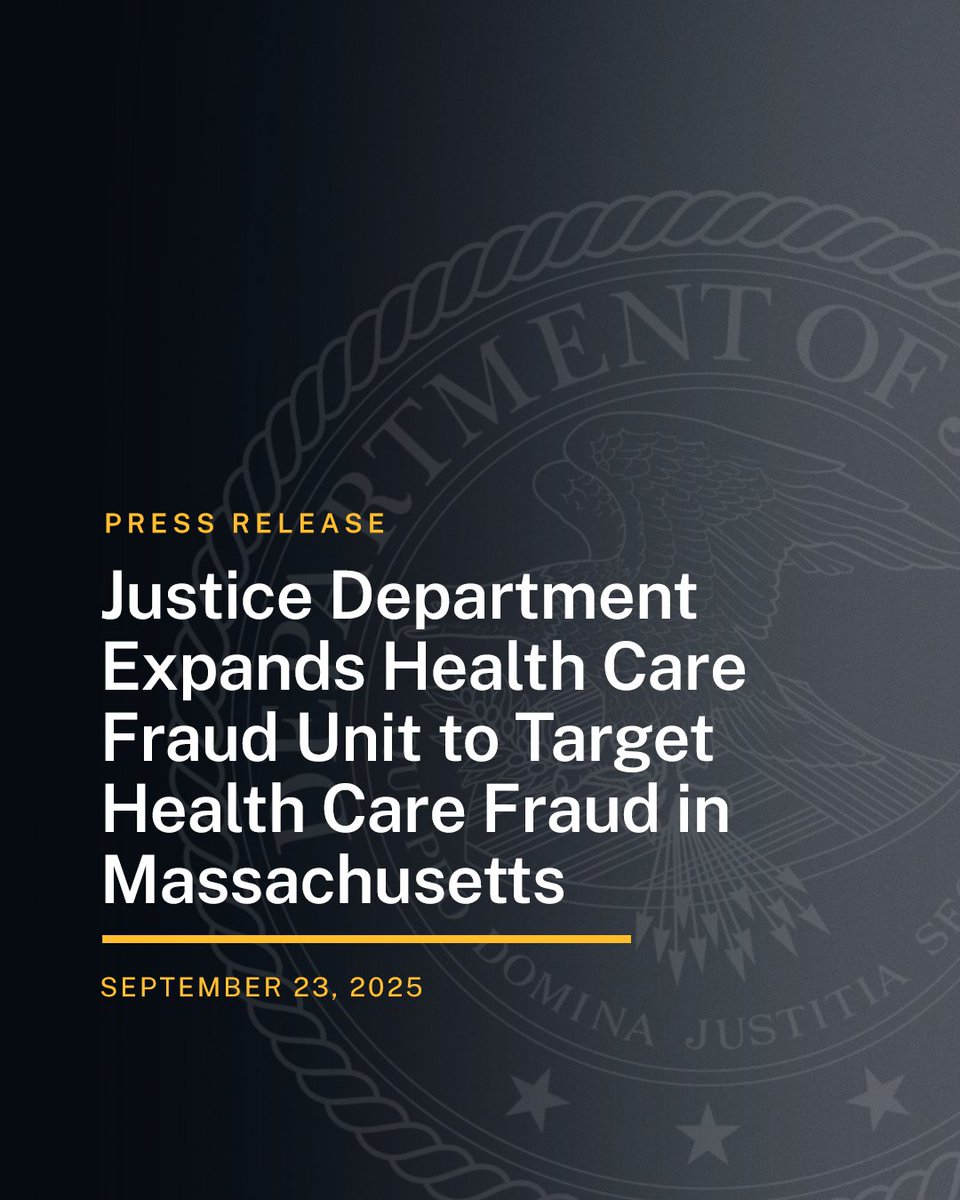 DOJCrimDiv's tweet image. Justice Department Expands Health Care Fraud Unit to Target Health Care Fraud in Massachusetts
Today, @TheJusticeDept's Criminal Division announced the expansion of its Health Care Fraud Unit’s New England Strike Force to the District of Massachusetts. This expansion brings…