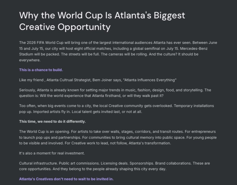 I’ve written a white paper titled, ‘Goals!’ 
 on the opportunities for Creatives in Atlanta during the upcoming World Cup 2026. Who wants a FREE downloadable copy?