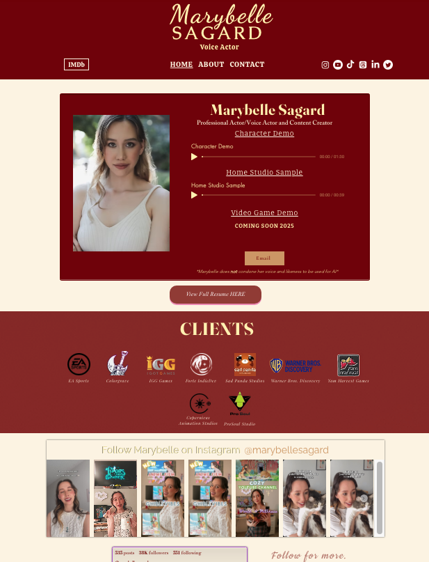 Revamped my voice acting website 😮‍💨✨👩🏻‍💻
changed it from the light pink to the dark red and cleaned up the design a bit to make it simpler. 
I put my demos at the very top of the home page for easier access! 🌐🎙️