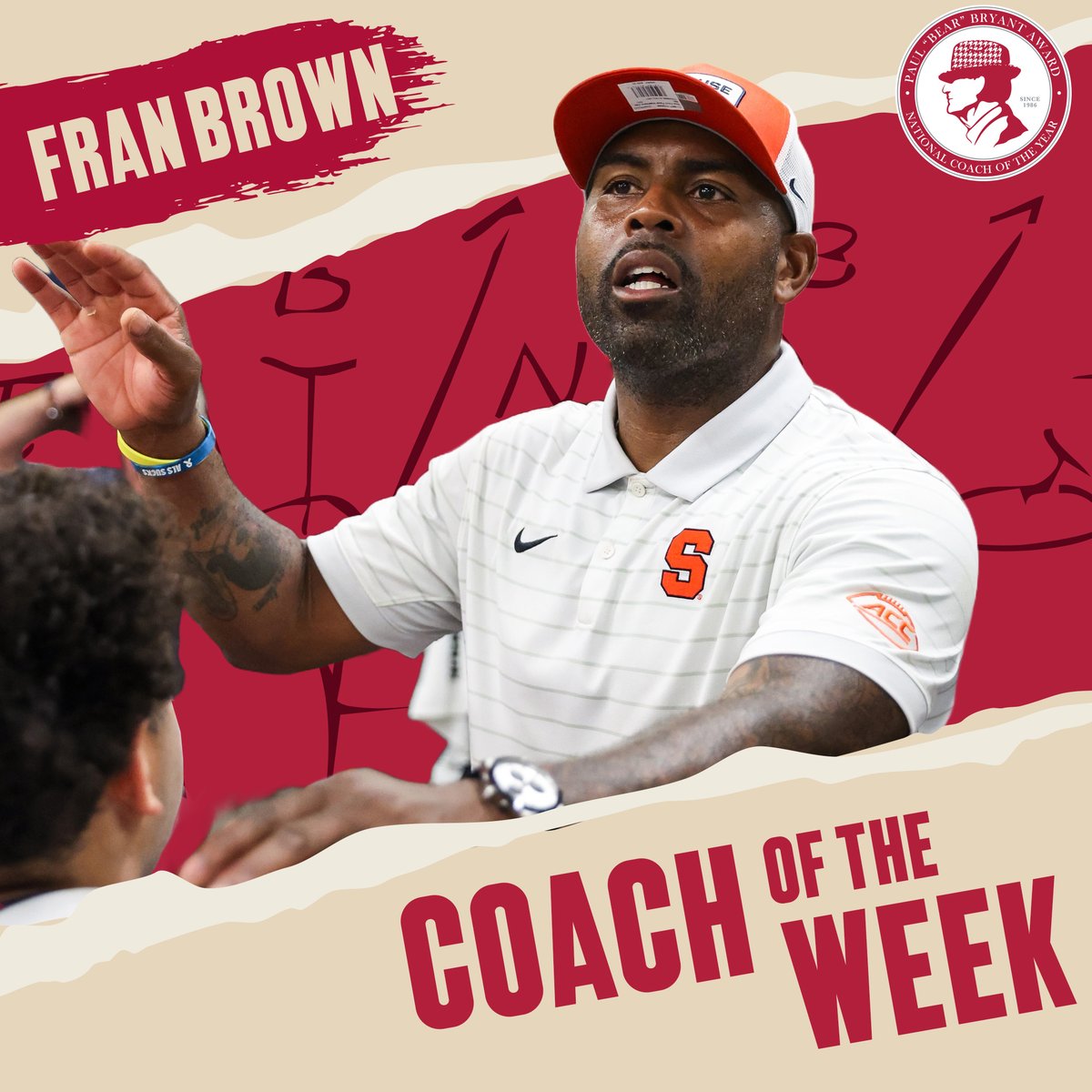 After a big <a href="/CuseFootball/">Syracuse Football</a> win over Clemson, <a href="/FranBrownCuse/">Fran Brown</a> was voted the #BryantAwards National Coach of the Week! 

Who is YOUR choice? Cast your Fan Vote today at spr.ly/6181A6gML #BryantAwards 

📰 - spr.ly/6012AZqfM