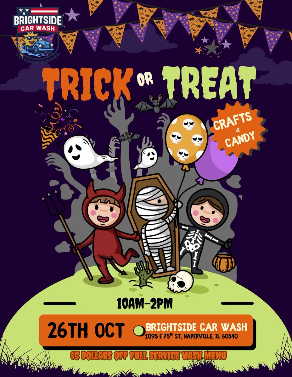 VetBizProject's tweet image. Join the community on Oct. 26 from 10 AM – 2 PM at Brightside Car Wash (1095 East 75th St., Naperville, IL) for a spooktacular Halloween celebration! 

Bring the family, enjoy some treats, &amp;amp; support a Veteran-owned business this Halloween weekend!
#VeteranOwned #NapervilleEvents