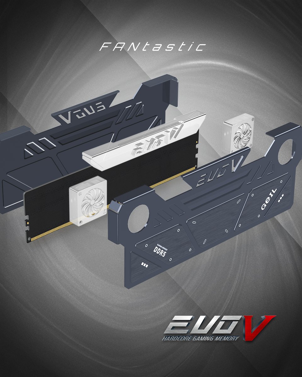 GeILMemory's tweet image. EVO V features an exclusive active dual-fan cooling system that accelerates heat dissipation and ensures stable, long-lasting performance.

With transparent fans enhanced by stunning RGB lighting effects, EVO V delivers both superior cooling and a unique visual identity.