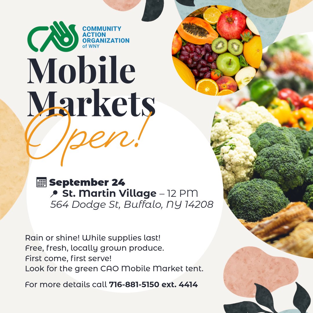📢 TOMORROW!
CAO’s Mobile Market 🥕🥦🍎
📍 St. Martin Village, 564 Dodge St.
📅 Wed, Sept. 24 — 12 PM

Free fresh produce 🌟 First come, first serve!
#CAOWNY #CAO60