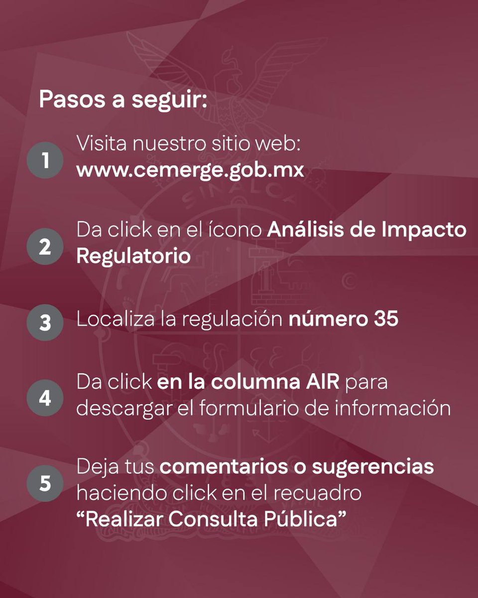 La Comisión Estatal de Mejora Regulatoria de Sinaloa invita a participar en la Consulta Pública del Reglamento de la Ley Estatal de Cambio Climático. Tu opinión ayudará a simplificar trámites y fortalecer acciones en favor del cuidado y aprovechamiento de los recursos naturales.