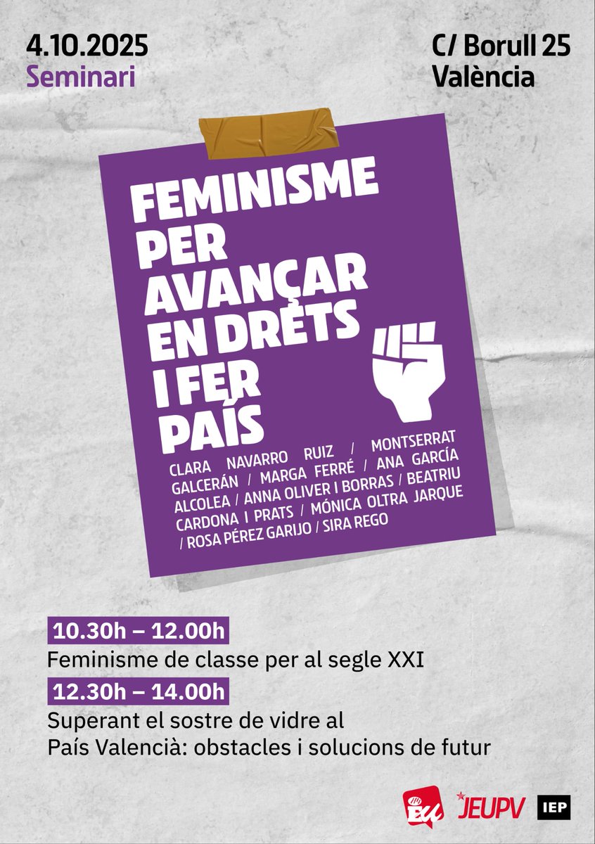 esquerraunida's tweet photo. 🟣 SEMINARI FEMINISTA: Feminisme per a avançar en drets i fer país

📅 Dissabte 4 d'Octubre

📍Seu central d'EUPV (C/Borrull, 25)

Front a la reacció, resposta feminista!✊🏻

Vos esperem! https://t.co/Gt93FfEhSC