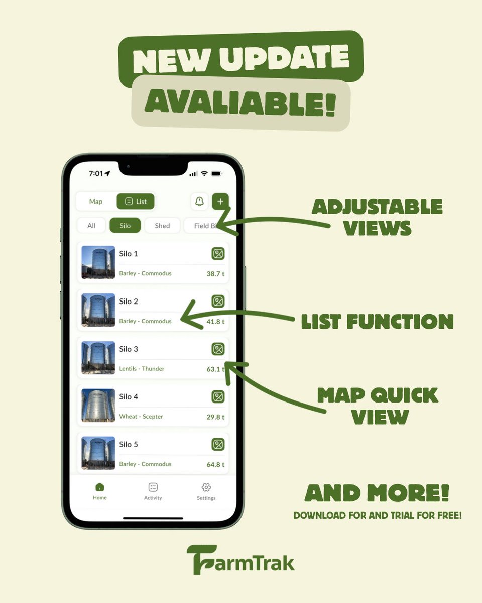 🚜✨ New Update Available ✨🚜

I’m really excited to share that we’ve just dropped a fresh FarmTrak update. Built by farmers for farmers, this is another step forward in making on-farm storage management easier and smarter. We’re always adding new features and growing with your