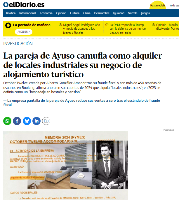 Atención al novio de Ayuso que la conspiración de todos los poderes del estado, además de obligarle a defraudar con facturas falsas, también le estarían obligando a camuflar como alquiler de locales industriales su negocio de alojamientos turísticos.