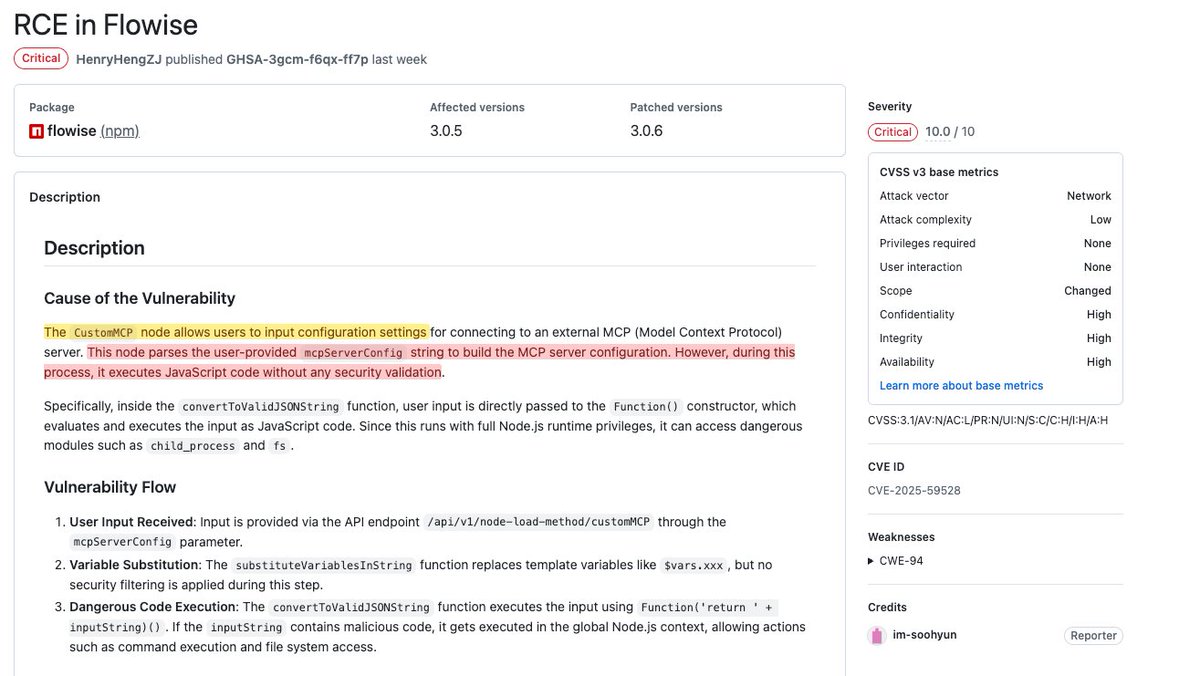 The continued lack of basic security considerations for AI workflow tools, mcp servers, and orchestrators is disgusting...

CVE-2025-59528 - RCE in Flowise - CVSS 10.