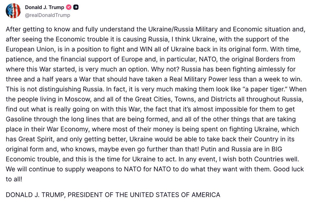 BREAKING: President Trump says Ukraine is “in a position to fight and win all of Ukraine back in its original form.”