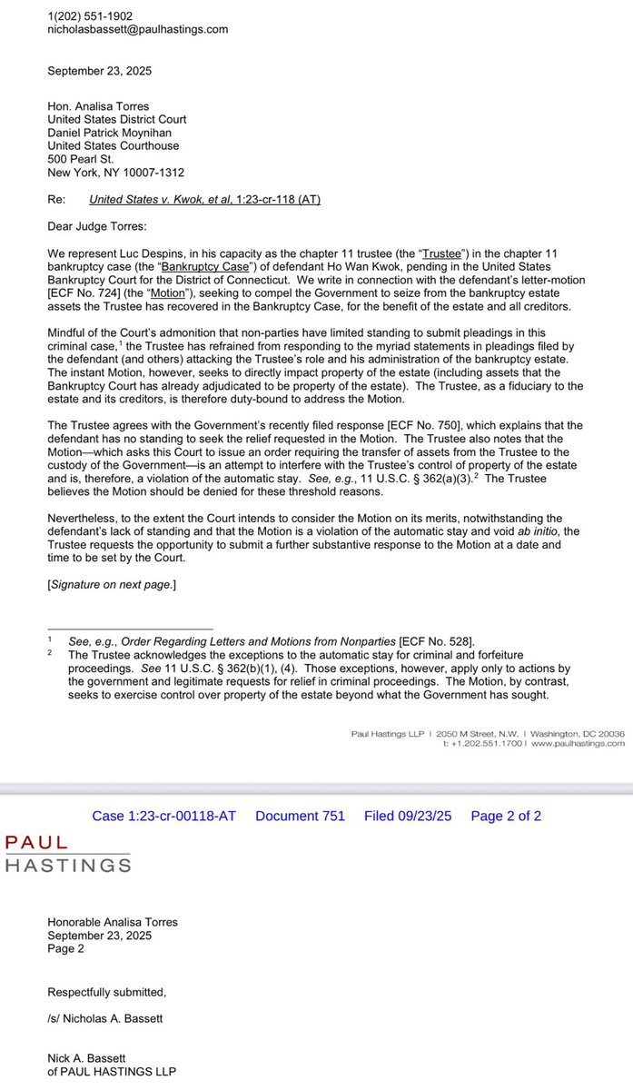 Luc上传751号新动议,与检方750动议一唱一和,找各种理由拒绝七哥724提出的把破产资产转交给检方的动议.在检方眼里这些所谓的受害者只是他们用来起诉七哥的工具,至于他们的权利检方毫不关心.那些填了受害人请愿表的如果再不站出来保护自己的权益,还指望检方保护你,你就只有两头不是人,给人当炮灰的命了