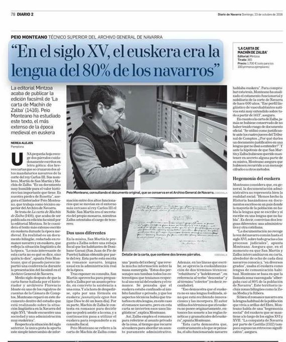 A newspaper page with text and a photo of a man working at a desk with documents and shelves in the background. The text includes headlines and articles, with visible phrases like "En el siglo XV, el euskera era la lengua del 80% de los navarros" and mentions of historical prohibitions on the Basque language.