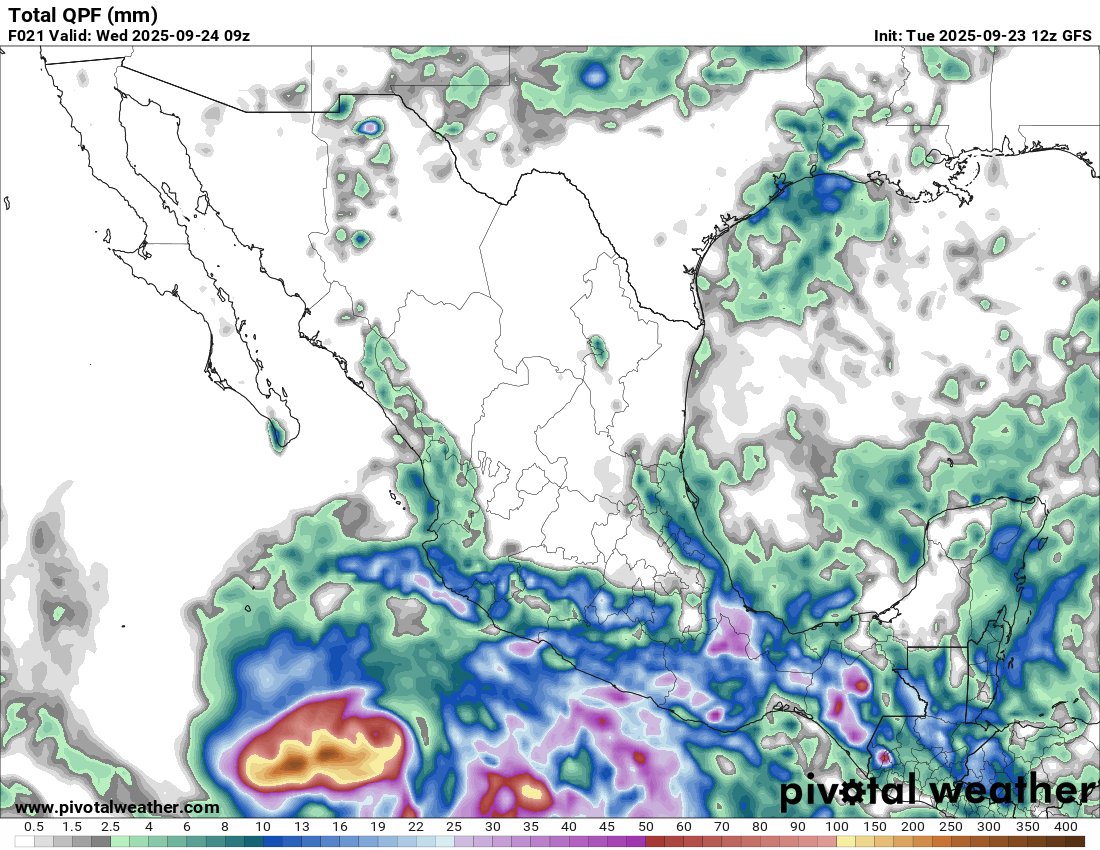 ⛈️ Pronóstico de lluvias para la tarde de este martes a primeras horas del miércoles:

Sur-Sureste: Lluvias torrenciales en Guerrero, Oaxaca y Chiapas, y muy fuertes en el sur de Veracruz y Tabasco. 
🔹 Acumulados de 70 a más de 100 mm.

Occidente: Lluvias de muy fuertes a