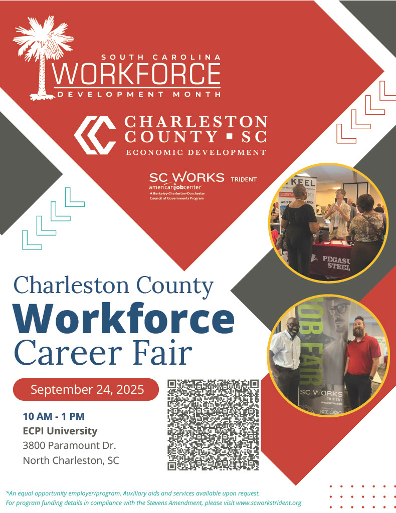 SCWorksTrident's tweet image. Find your next career move TOMORROW at the Charleston County Workforce Career Fair! Let&apos;s wrap up #WorkforceDevelopmentMonth with your future in focus.

View 30+ participating employers and resource partners: bit.ly/4pwOYlG

@ChasCountyGov @CharlestonCED
