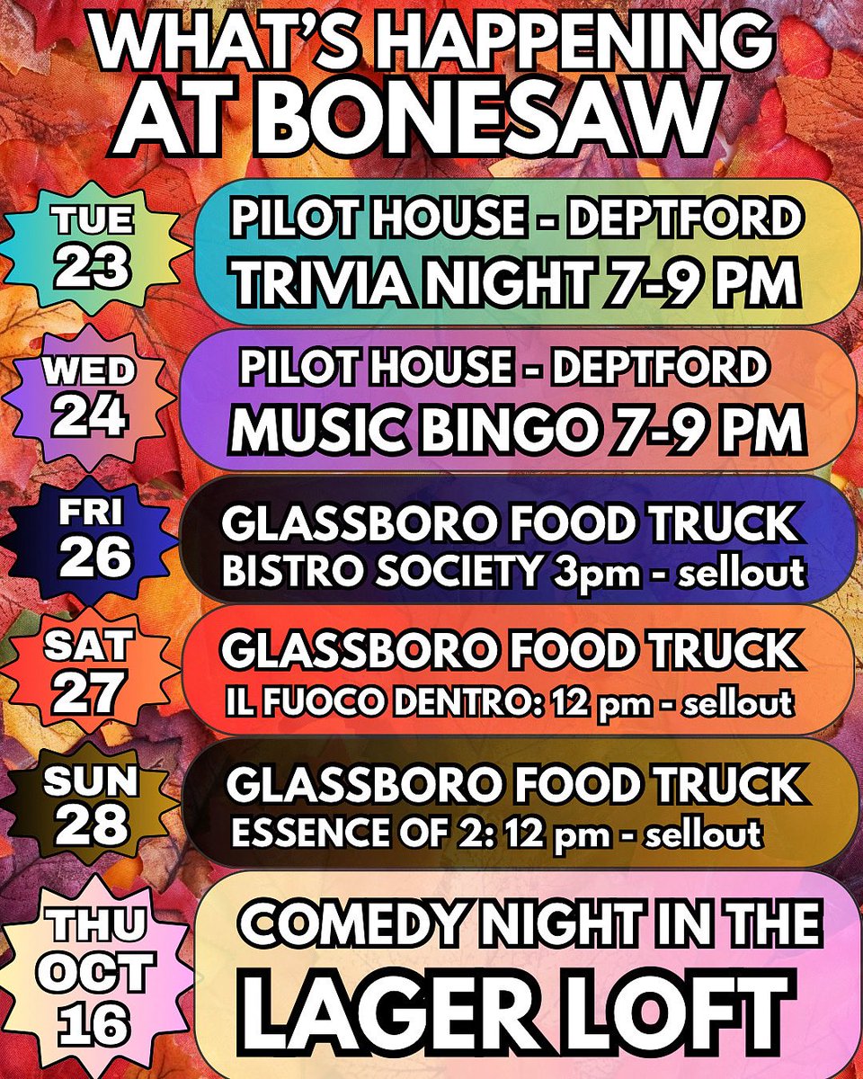 BonesawBrewing's tweet photo. HAPPY FALL! Back to back nights of fun at PILOT HOUSE @deptfordmall start tonight! Bring food, bring friends! Both are free to play - win prizes!
 
TUES TRIVIA at 7PM (9/23) - hosted by Tony Romeo of Trivial Things Trivia!

WED MUSIC BINGO at 7PM (9/24) - hosted by King Trivia! https://t.co/Tv1fhp0Bgx