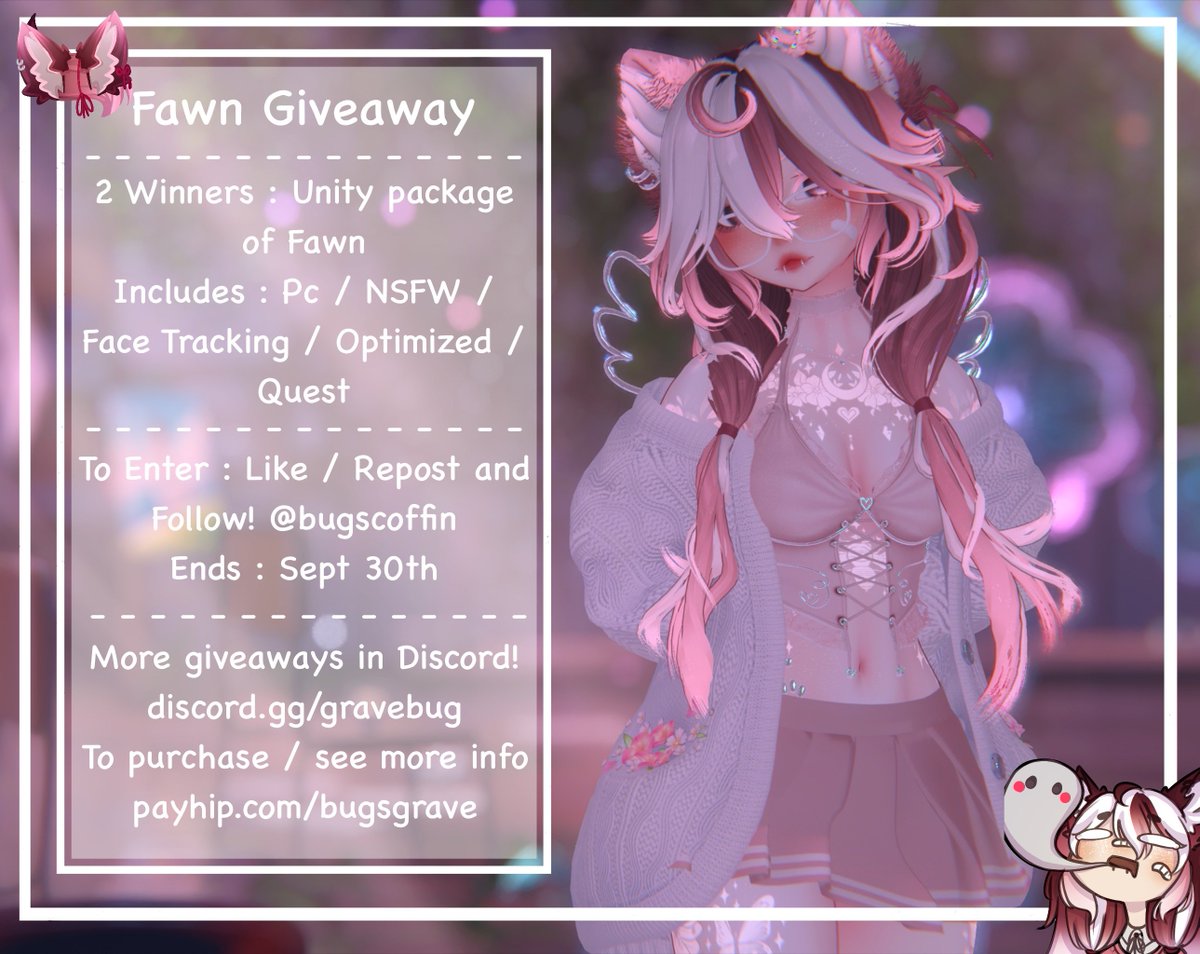 Giveaway for 2 winners of my newest avatar Fawn! 
PC / NSFW / FT / Opti / Quest
Ends September 30th

#vrchat #BUGSavatar #VRCGiveaway