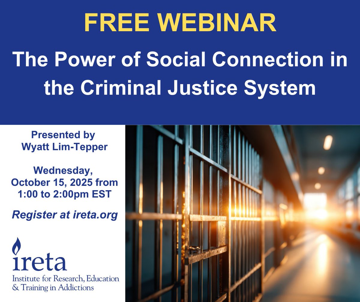 🌐 How can social connection improve recovery in the criminal justice system? Join us Oct 15, 1–2pm EST for a webinar with Wyatt Lim-Tepper of A Curiae. Register: my.ireta.org/onlineEd/cours…