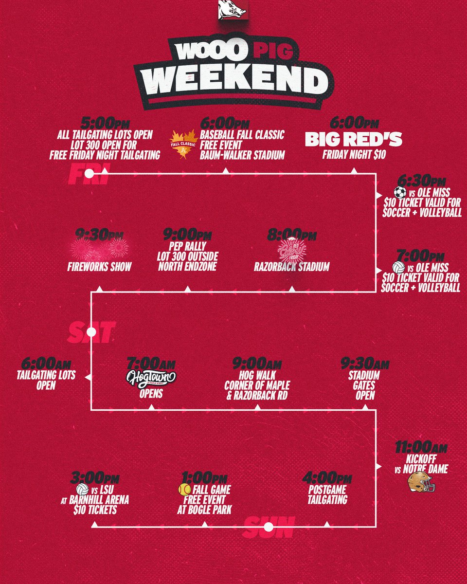 ArkRazorbacks's tweet image. A friendly reminder of everything we have coming up for Wooo Pig Weekend 🐗