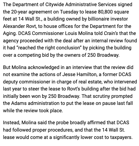 exclusive: the Adams admin officially signed a 20-yr, $77M office lease at 14 Wall St, owned by billionaire Adams donor Alexander Rovt.

<a href="/NYCDCAS/">NYC DCAS</a> says an internal review affirmed the decision—but it didn't probe the role of indicted official Jesse Hamilton
crainsnewyork.com/politics-polic…