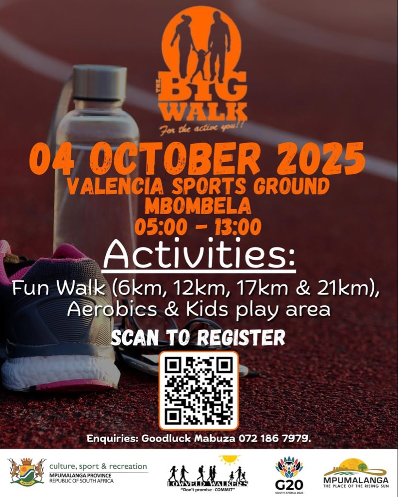 *SCAN TO REGISTER*

Big Walk, Ehlanzeni, Mpumalanga is almost here!!
A few spots left, *500 early birds eligible for t-shirt/goodie-bags* ✨!!

Note: *The Google Form link and the QR code redirect you to the same registration platform. You only need to register once*