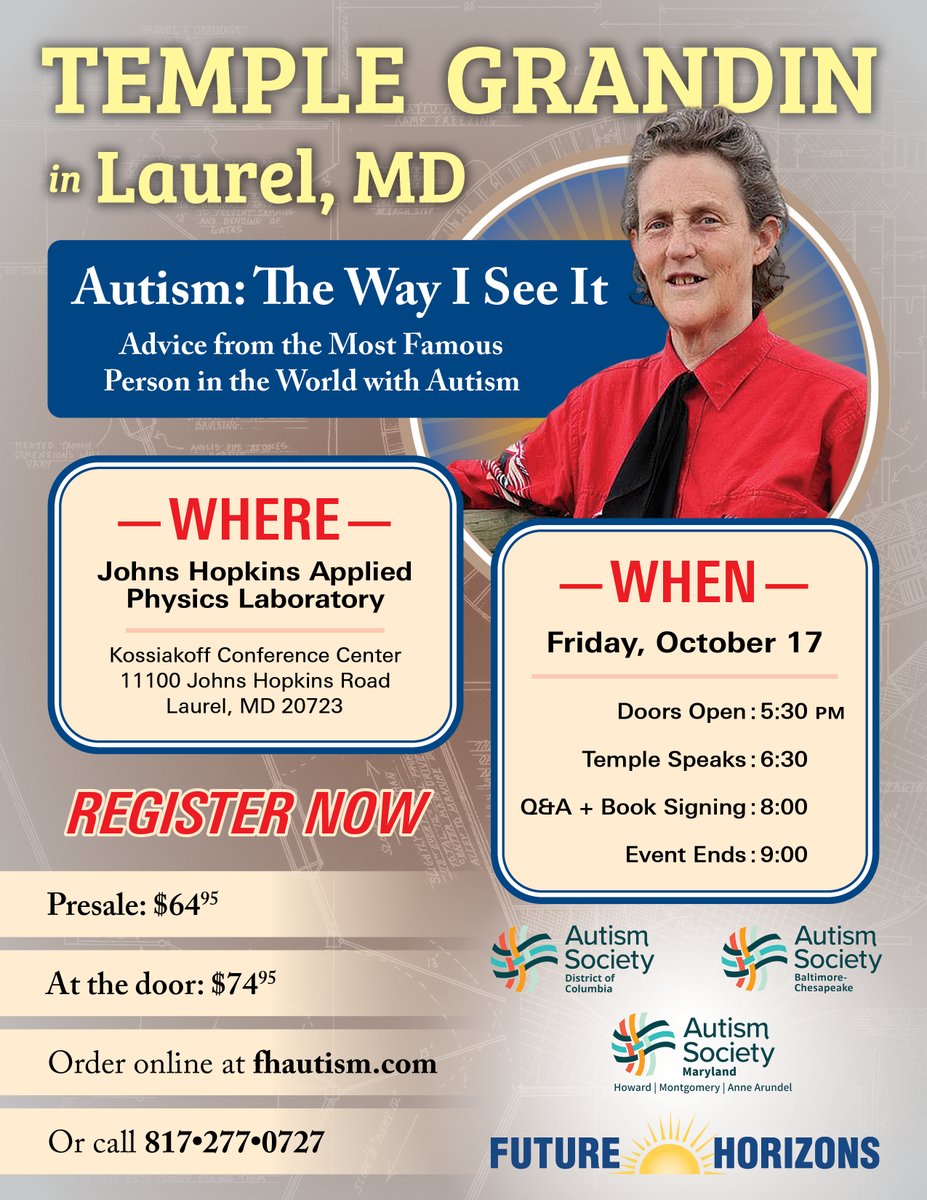 Meet Dr. Grandin in Laurel, MD! 
Friday, October 17
Advice from the Most Famous Person in the World with Autism
Sign Up Today! tinyurl.com/TG-In-Maryland