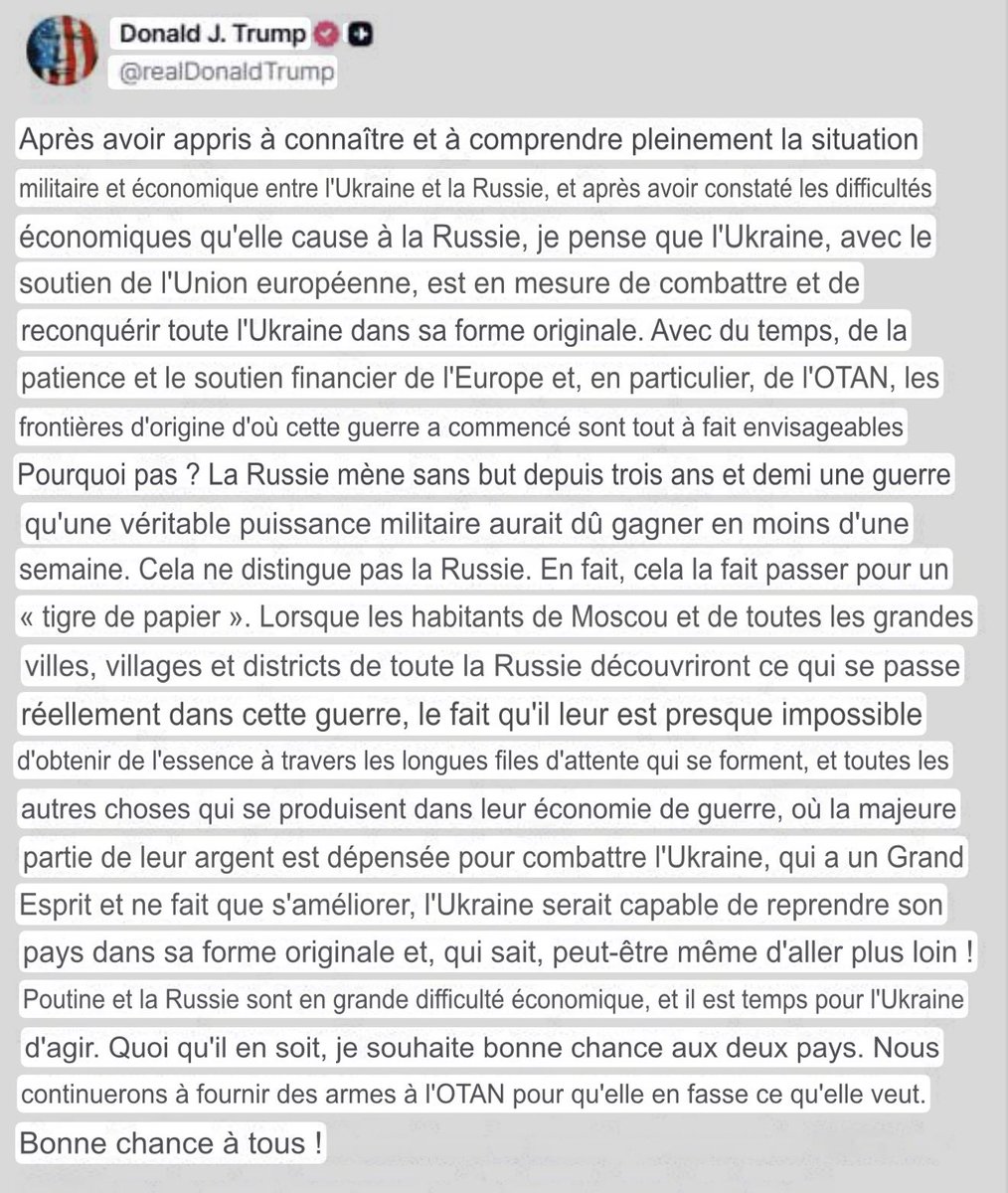 🇺🇦🤨 Trump : «Je pense que l'Ukraine, avec le soutien de l’UE, est dans une position pour se battre et GAGNER, en récupérant toute l'Ukraine dans sa forme initiale.»

« Quoi qu'il en soit, je souhaite bonne chance aux deux pays. Nous continuerons à fournir des armes à l'OTAN pour