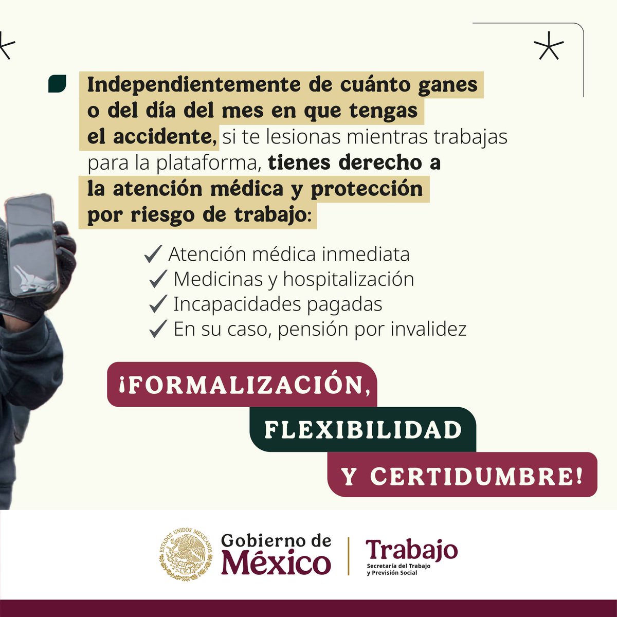 🔎 Si trabajas a través de plataformas digitales, tus derechos laborales están protegidos, aunque tus ingresos no alcancen el salario mínimo mensual.

📌 Las y los trabajadores de apps son pieza fundamental en la economía y merecen condiciones justas.