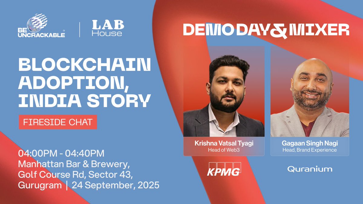 Leaders And Builders (@labconnects) on Twitter photo How is India adopting blockchain?
🔗 Join Krishna Tyagi, Head of Web3 <a href="/KPMGIndia/">KPMG India</a> and <a href="/gagaansinghnagi/">gagaan_singh_nagi</a> from <a href="/quranium_org/">Quranium</a> for a Fireside Chat on India’s blockchain journey. Insights you can’t miss!
🎟️ luma.com/c5472rru How is India adopting blockchain?
🔗 Join Krishna Tyagi, Head of Web3 <a href="/KPMGIndia/">KPMG India</a> and <a href="/gagaansinghnagi/">gagaan_singh_nagi</a> from <a href="/quranium_org/">Quranium</a> for a Fireside Chat on India’s blockchain journey. Insights you can’t miss!
🎟️ luma.com/c5472rru
