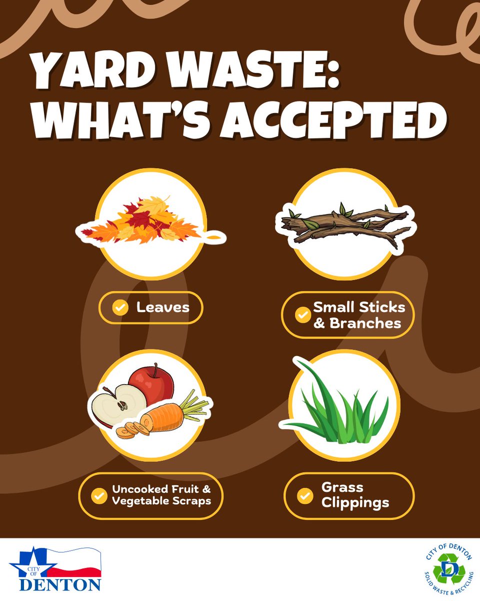 Place only the following in your yard waste:

- Leaves
- Small Sticks &amp; Branches
- Uncooked Fruit &amp; Vegetable Scraps
- Grass Clippings

Please keep plastic bags, pots, rocks, and soil out of yard waste. 

#YardWaste