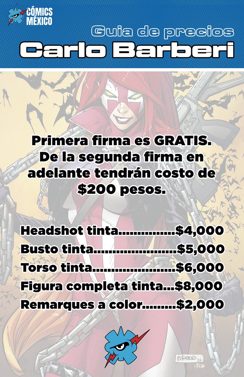 Comics México (@comicsmexico) on Twitter photo Quieres una comisión de nuestro invitado @carlobarberi o una firma en tus cómics? Estos son los precios que tendrá durante la AniMole. Quieres una comisión de nuestro invitado @carlobarberi o una firma en tus cómics? Estos son los precios que tendrá durante la AniMole.