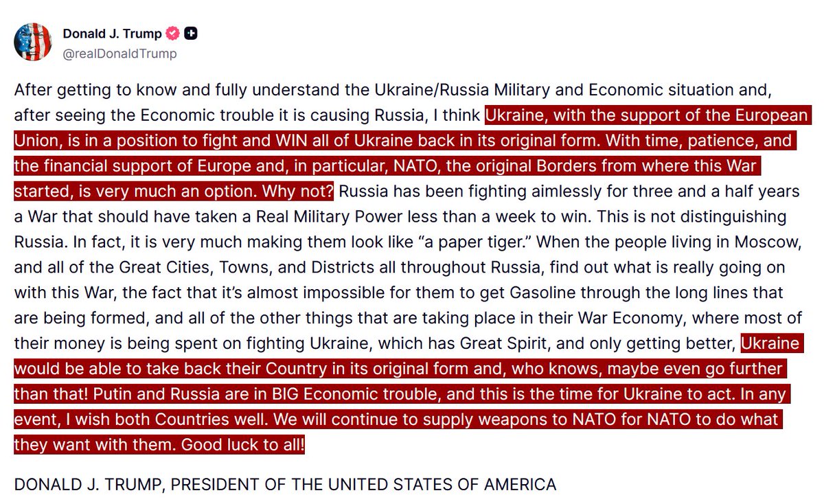🚨BREAKING – Trump just said that the European Union and Ukraine can win all of Ukraine back in its original form.

Trump keeps saying he is the man of peace. Yet look at the record. Every time Ukraine was at the table for negotiations they were the ones who walked away. The war