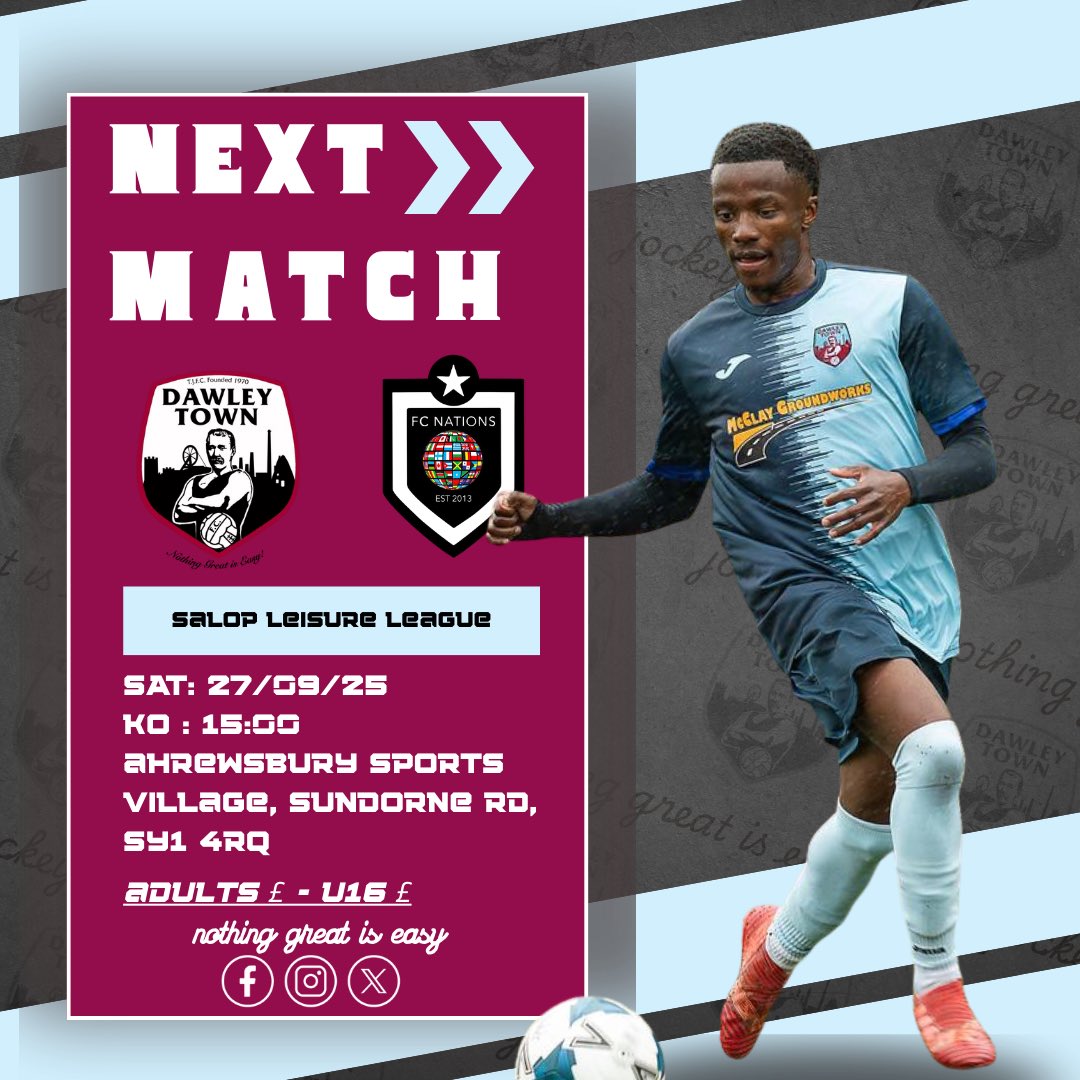 DawleyTownFC's tweet photo. 🚨 Matchday Focus 🚨
This Saturday we travel down the M54 to face an in-form FC Nations 💥
The lads are ready to graft & aim to put an end to their run 💪⚽️
📍 Shrewsbury Sports Village
⏰ 15:00 KO
#DTFC | #NothingGreatIsEasy https://t.co/6PFyQN4yXp