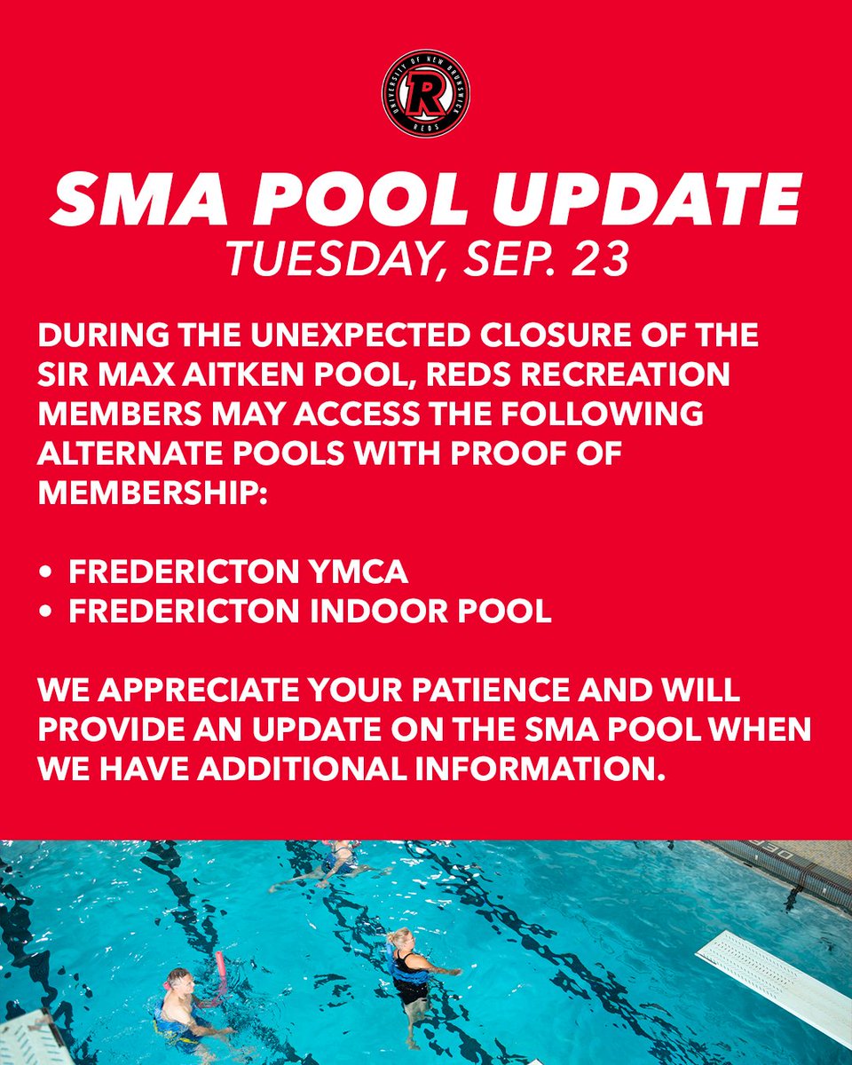 SMA Pool Update 🚨 

During the unexpected closure of the Sir Max Aitken Pool, REDS Recreation members may access the following alternate pools with proof of membership: 

➡️ YMCA of Fredericton
➡️ Fredericton Indoor Pool 

We appreciate your patience and will provide an update