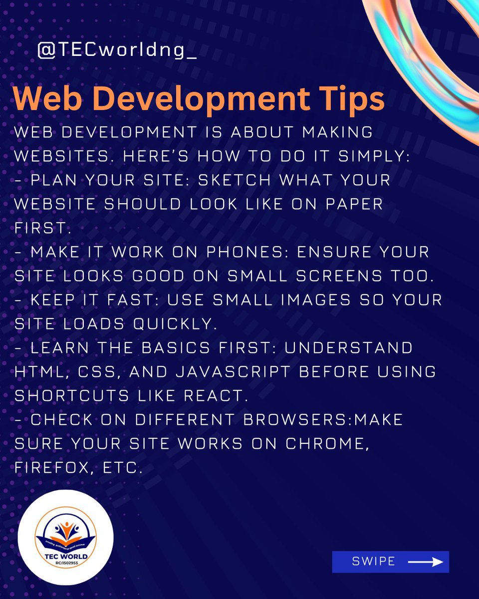 TECworldng's tweet image. 💻 Start your web dev journey today!
Plan it, make it mobile, keep it fast, learn the basics, and test everywhere. 🚀
👉 Swipe to see the steps.
#WebDevTips #CodingMadeEasy #TECworld #CodingForKids #FutureReadyKids #DigitalSkills #bbnaija #portharcourt
#TechSkills #techtips #obi