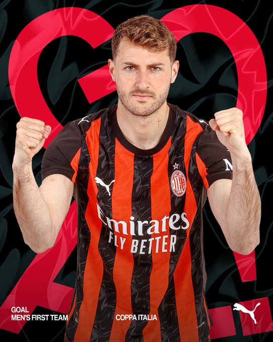 Santi wearing an AC Milan jersey with black and red vertical stripes, featuring the Puma logo and Emirates Fly Better sponsorship. He stands with fists raised, wearing a short-sleeve shirt with the AC Milan crest. Text overlays include "GOAL" and "COPPA ITALIA".