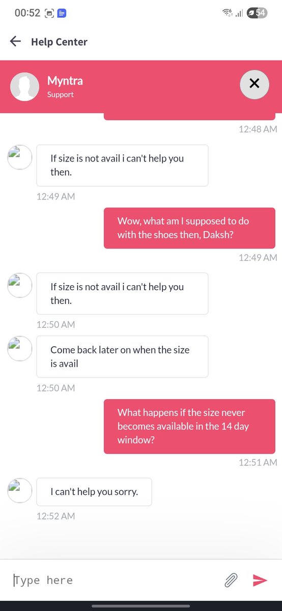 romilvats's tweet photo. @MyntraSupport @myntra I ordered a pair of shoes. The size is too large. I want a smaller size but it's out of stock. The shoes are not returnable either. Your cust. support is trash, rude, pathetic and leaves conversation randomly. I'm stuck with a pair of shoes I can't use! https://t.co/GFeWQXhUJC